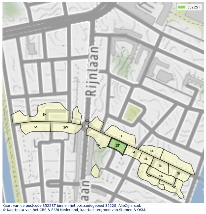 Afbeelding van het postcodegebied 3522 ST op de kaart.