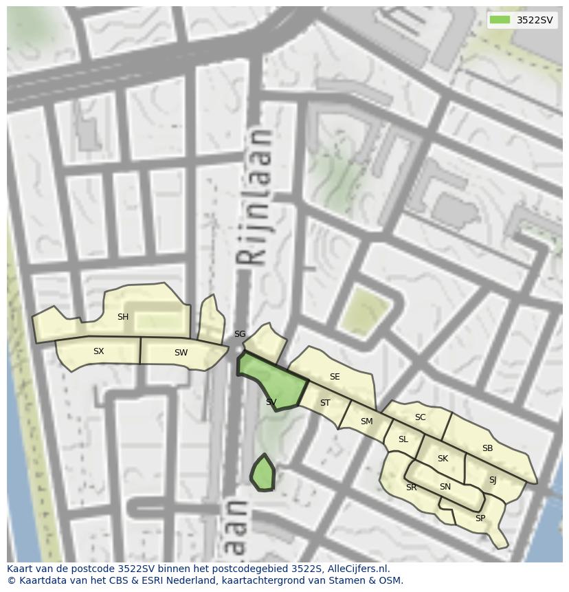 Afbeelding van het postcodegebied 3522 SV op de kaart.