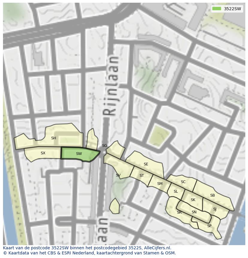 Afbeelding van het postcodegebied 3522 SW op de kaart.