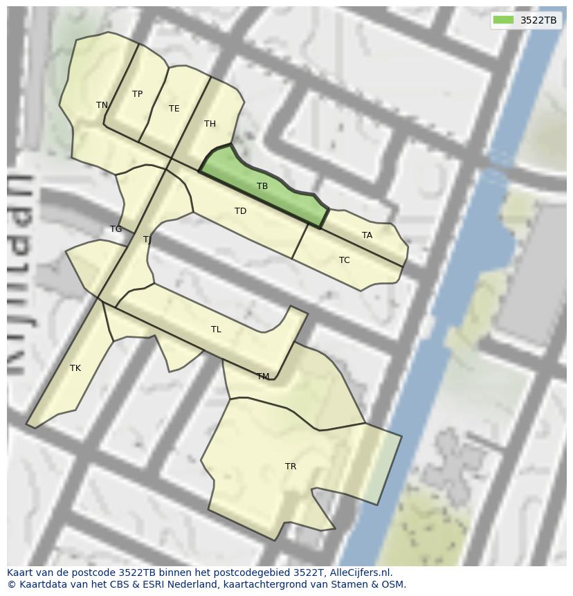 Afbeelding van het postcodegebied 3522 TB op de kaart.