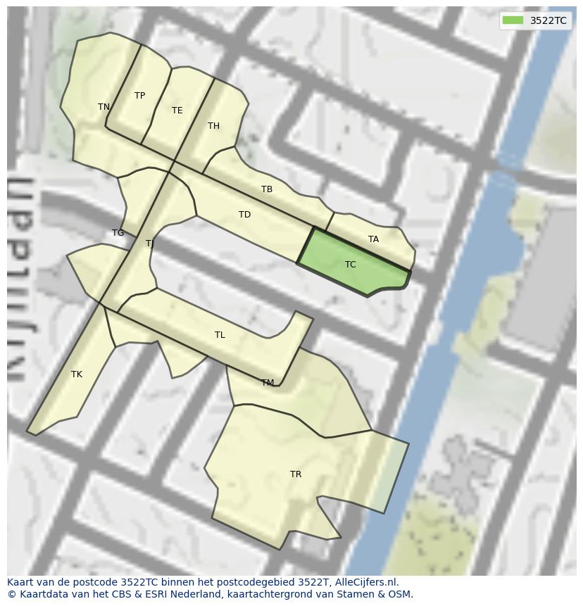 Afbeelding van het postcodegebied 3522 TC op de kaart.
