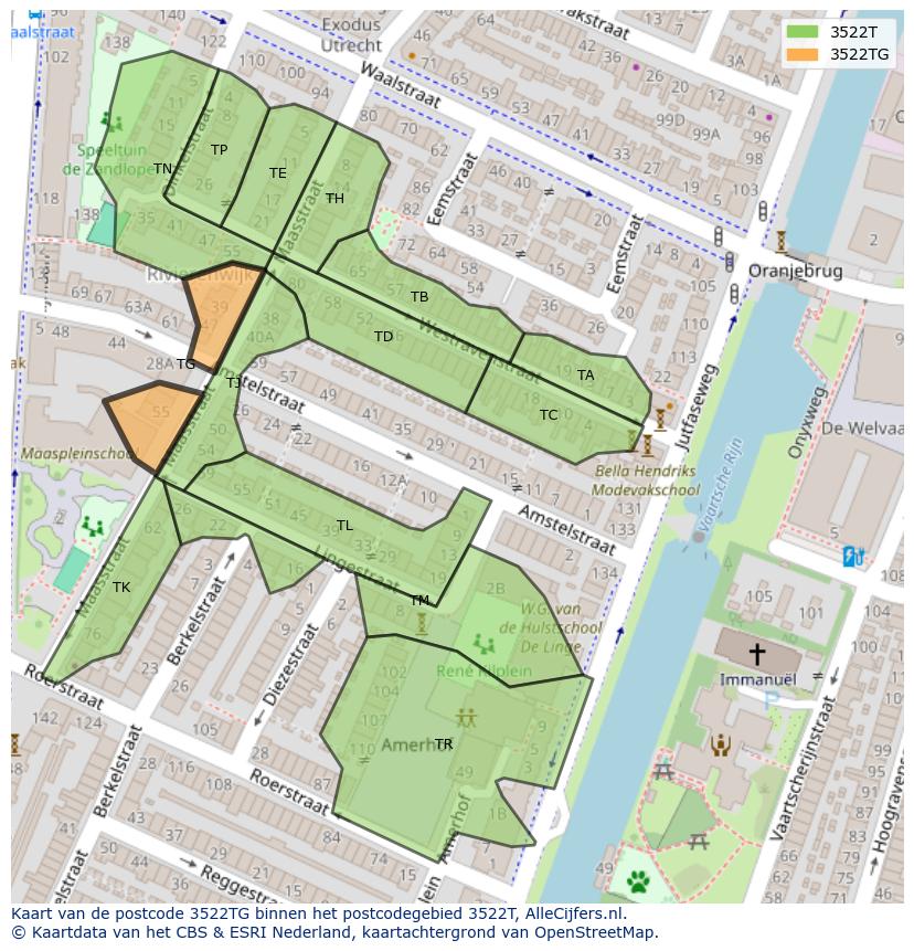 Afbeelding van het postcodegebied 3522 TG op de kaart.