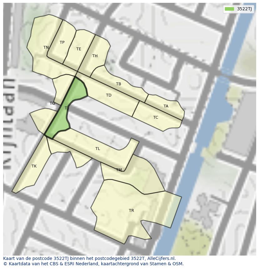 Afbeelding van het postcodegebied 3522 TJ op de kaart.