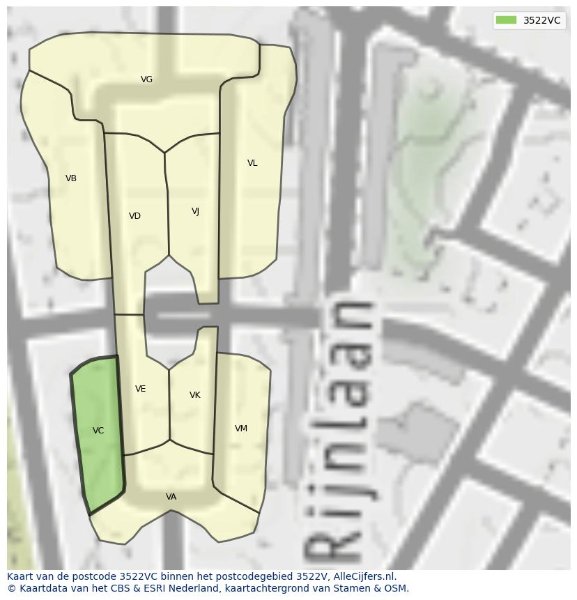 Afbeelding van het postcodegebied 3522 VC op de kaart.
