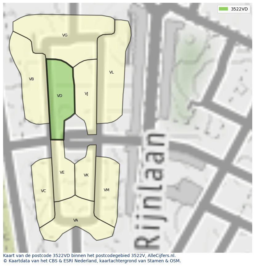 Afbeelding van het postcodegebied 3522 VD op de kaart.
