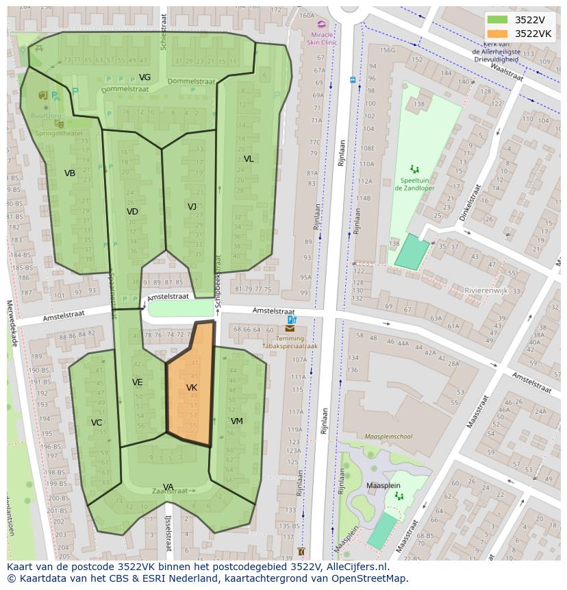 Afbeelding van het postcodegebied 3522 VK op de kaart.