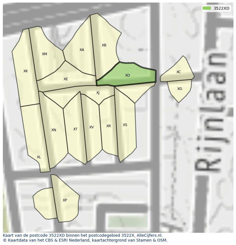 Afbeelding van het postcodegebied 3522 XD op de kaart.