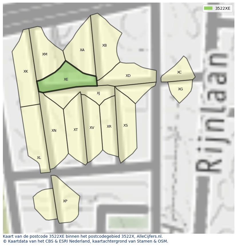 Afbeelding van het postcodegebied 3522 XE op de kaart.