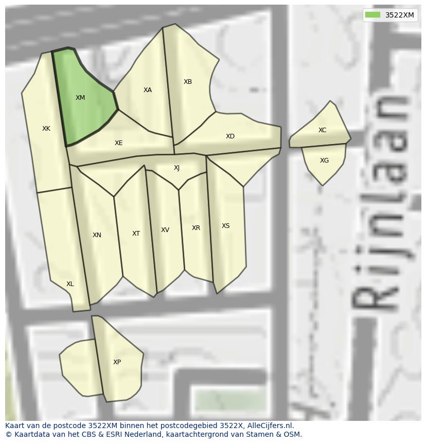 Afbeelding van het postcodegebied 3522 XM op de kaart.