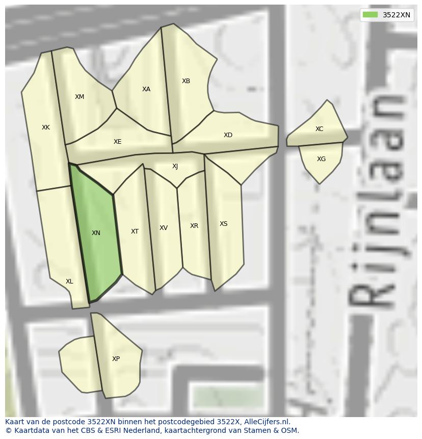 Afbeelding van het postcodegebied 3522 XN op de kaart.