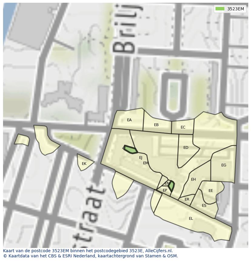 Afbeelding van het postcodegebied 3523 EM op de kaart.