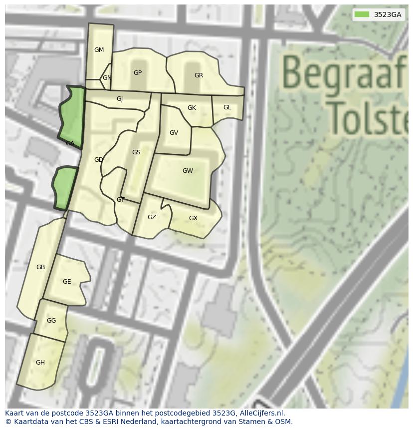 Afbeelding van het postcodegebied 3523 GA op de kaart.