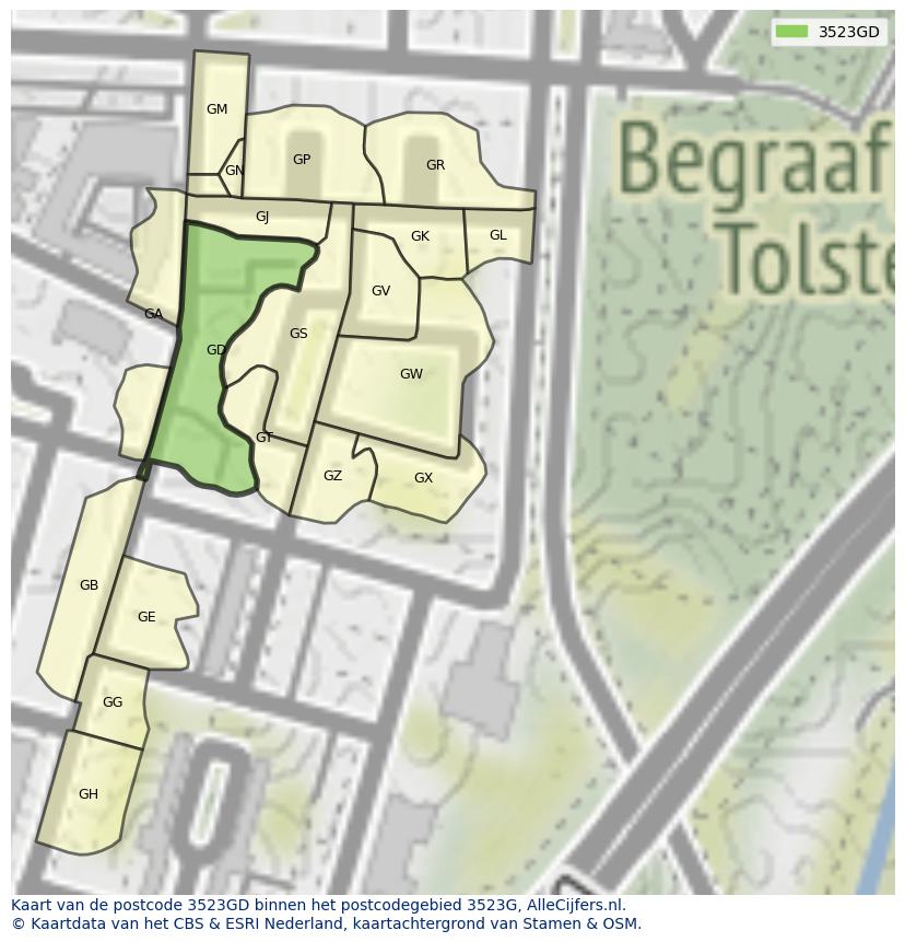 Afbeelding van het postcodegebied 3523 GD op de kaart.
