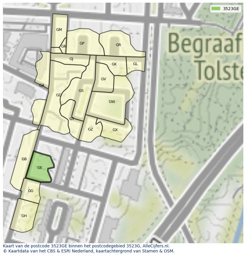 Afbeelding van het postcodegebied 3523 GE op de kaart.