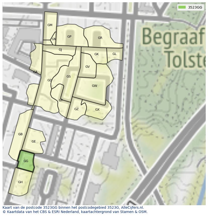 Afbeelding van het postcodegebied 3523 GG op de kaart.