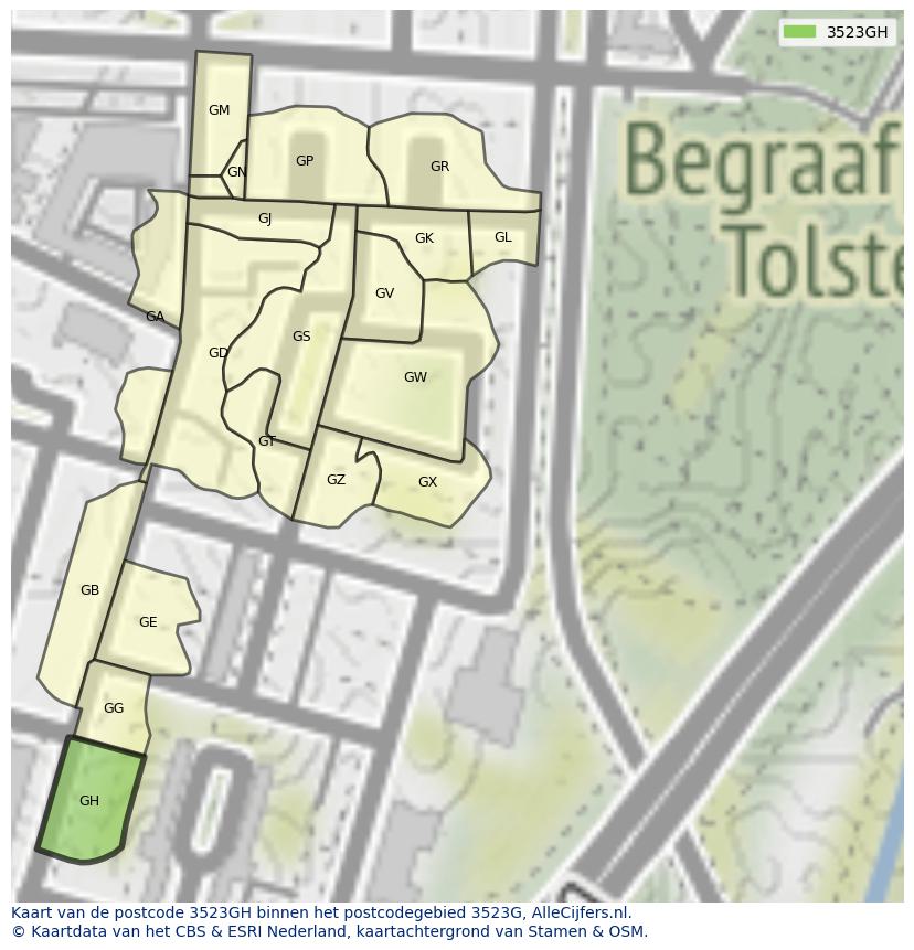 Afbeelding van het postcodegebied 3523 GH op de kaart.