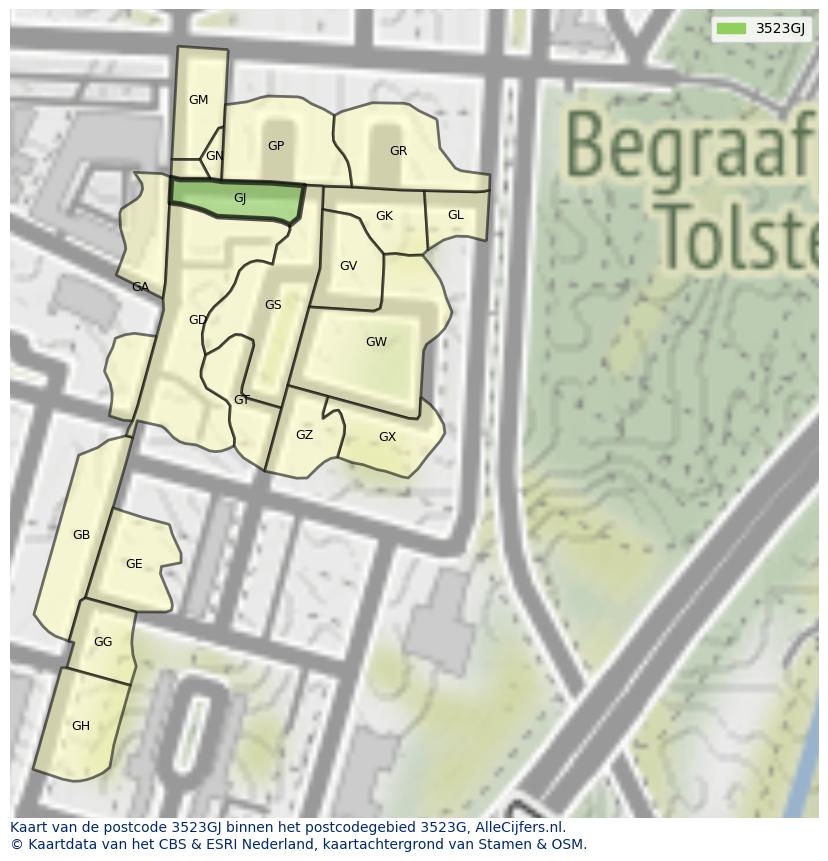 Afbeelding van het postcodegebied 3523 GJ op de kaart.