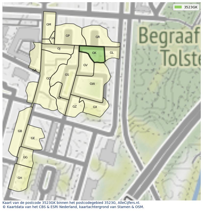 Afbeelding van het postcodegebied 3523 GK op de kaart.