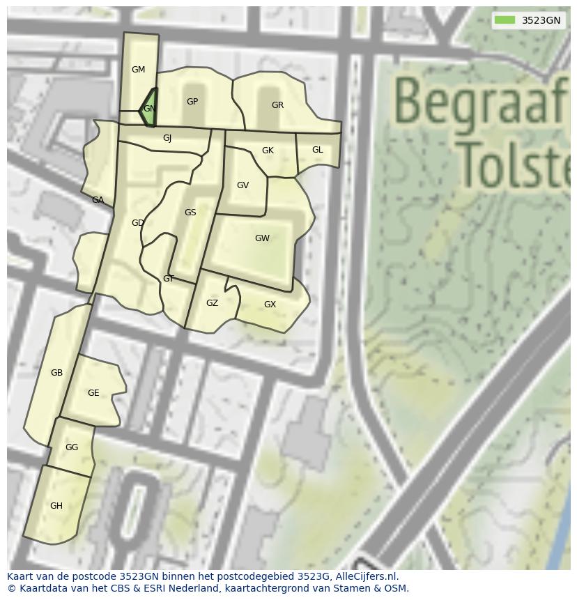 Afbeelding van het postcodegebied 3523 GN op de kaart.