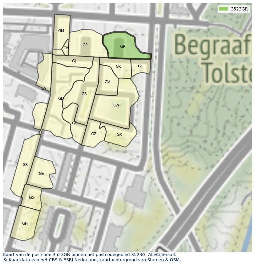 Afbeelding van het postcodegebied 3523 GR op de kaart.