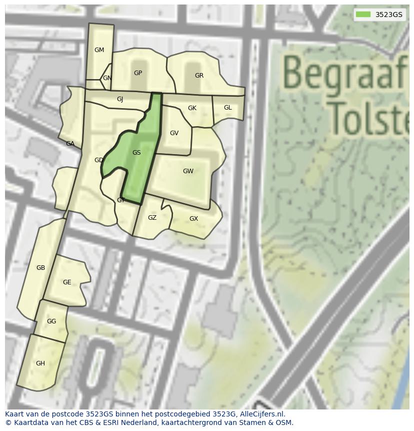 Afbeelding van het postcodegebied 3523 GS op de kaart.