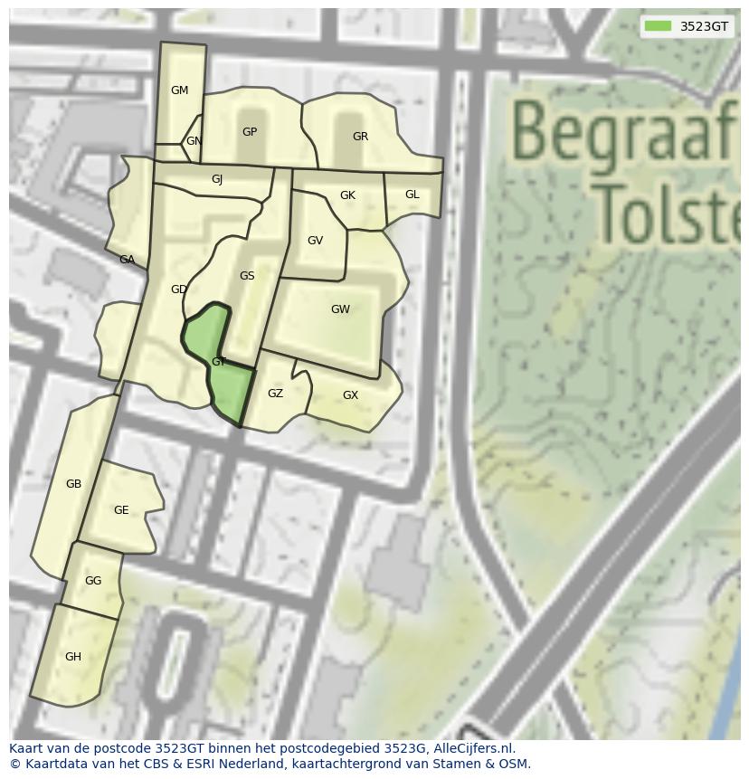 Afbeelding van het postcodegebied 3523 GT op de kaart.