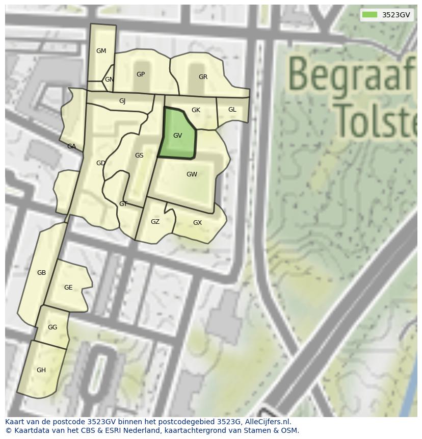 Afbeelding van het postcodegebied 3523 GV op de kaart.