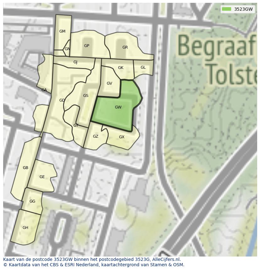Afbeelding van het postcodegebied 3523 GW op de kaart.