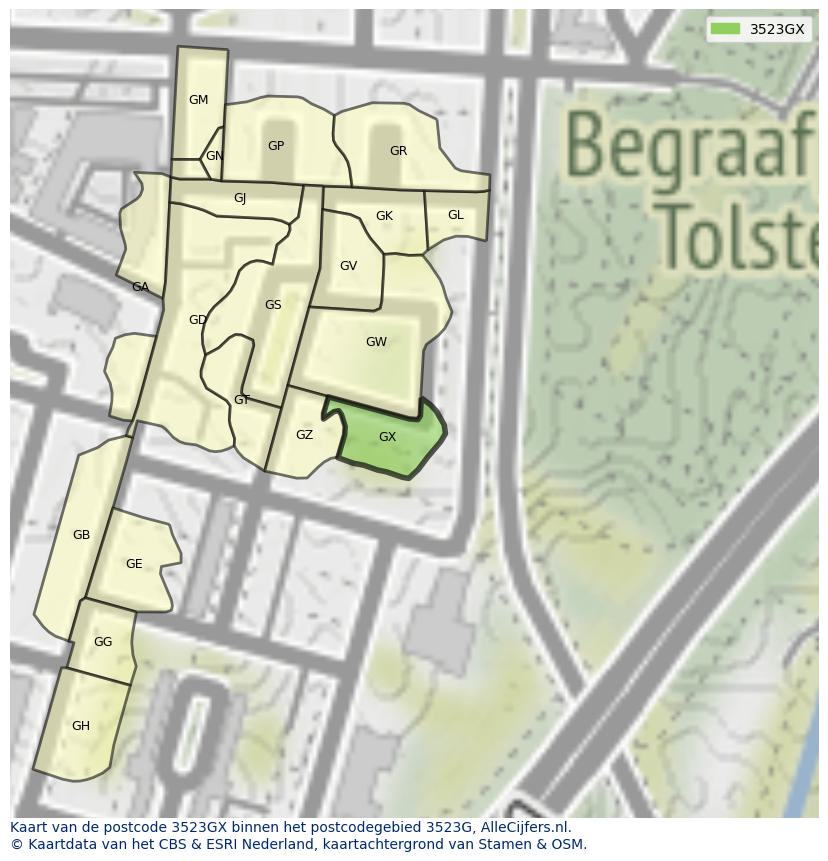 Afbeelding van het postcodegebied 3523 GX op de kaart.