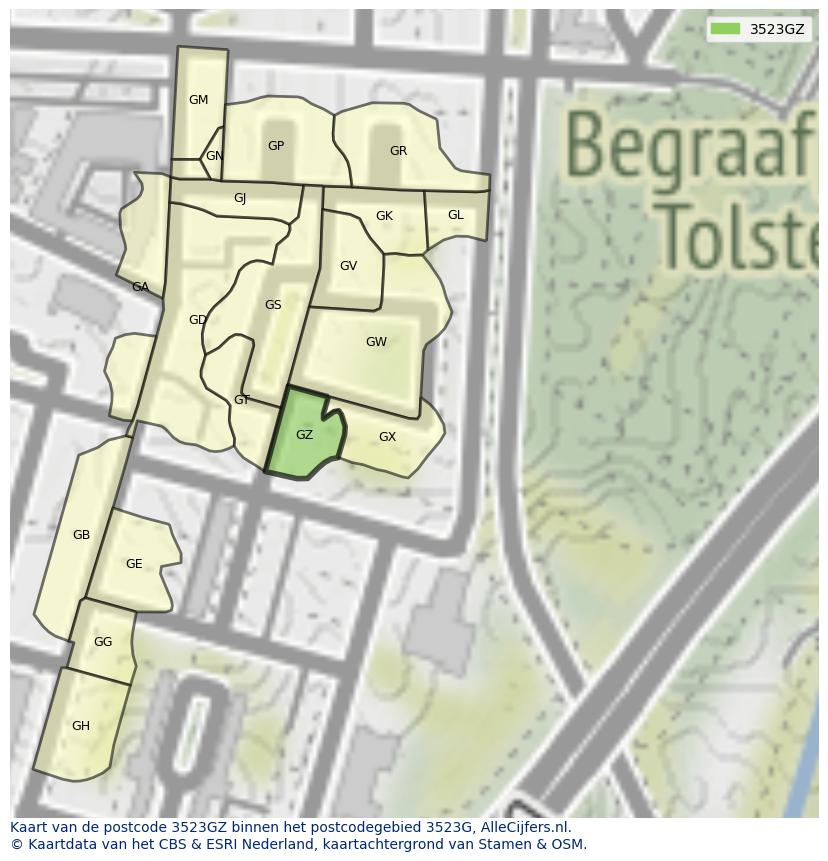 Afbeelding van het postcodegebied 3523 GZ op de kaart.