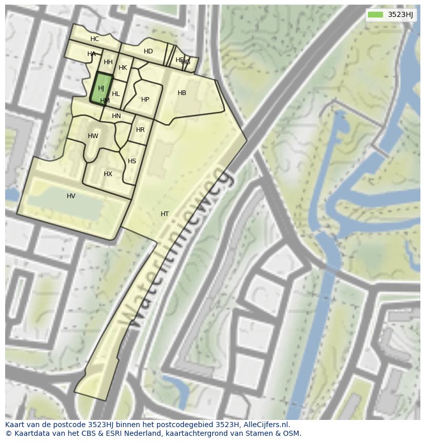 Afbeelding van het postcodegebied 3523 HJ op de kaart.
