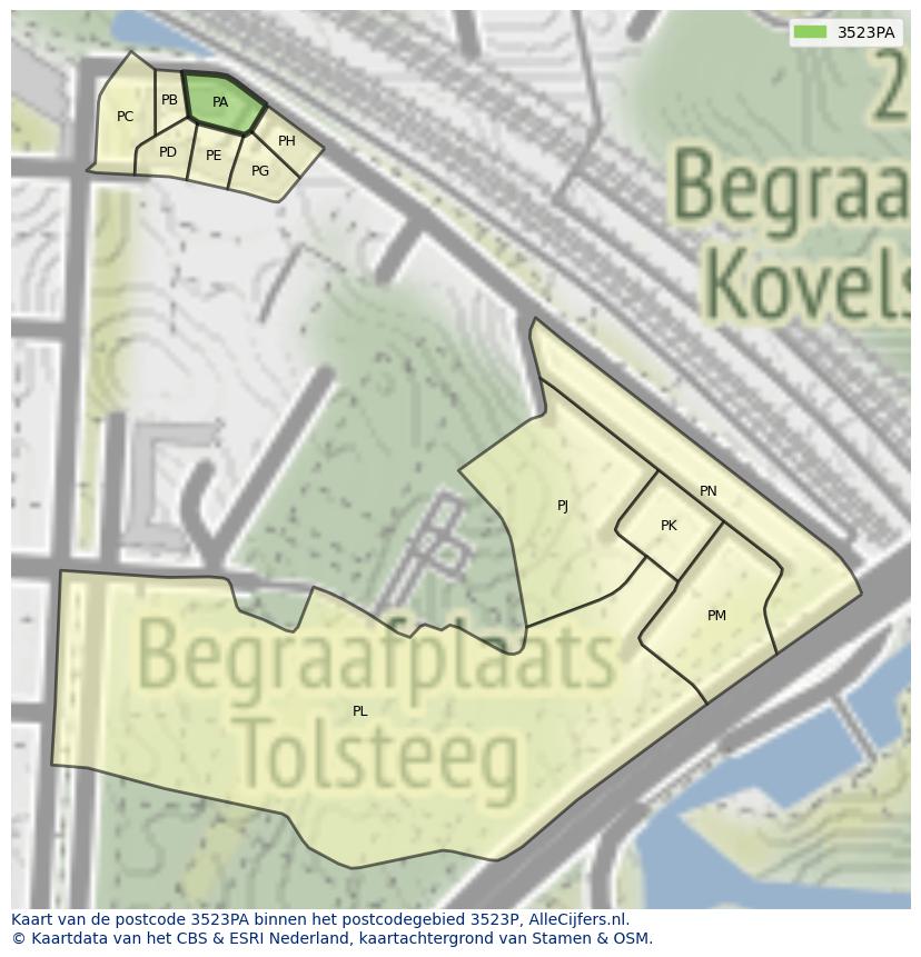 Afbeelding van het postcodegebied 3523 PA op de kaart.