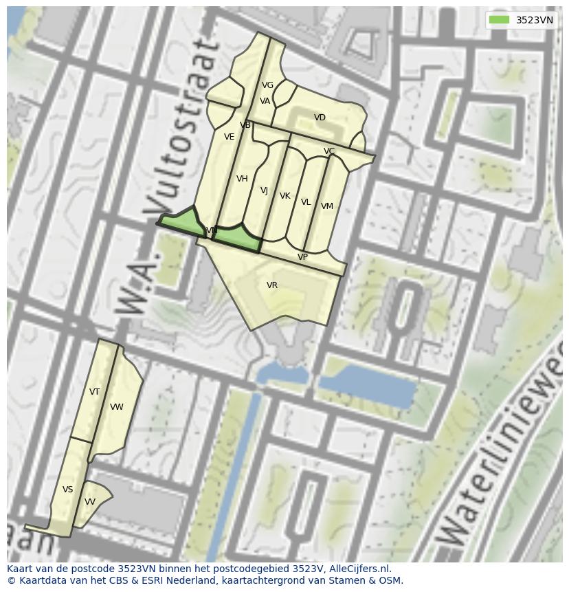 Afbeelding van het postcodegebied 3523 VN op de kaart.