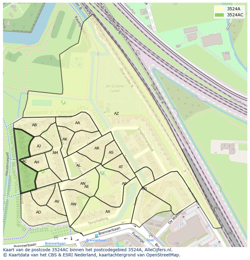 Afbeelding van het postcodegebied 3524 AC op de kaart.