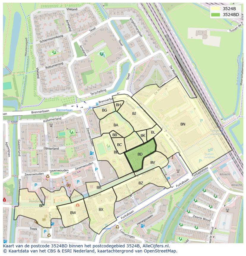Afbeelding van het postcodegebied 3524 BD op de kaart.