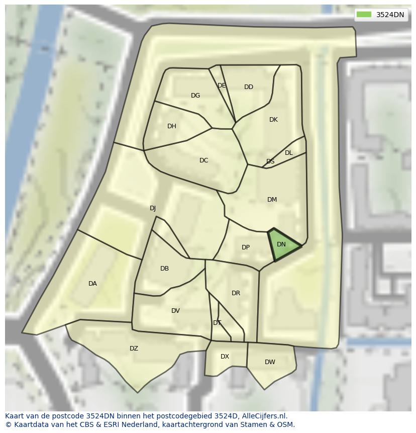 Afbeelding van het postcodegebied 3524 DN op de kaart.