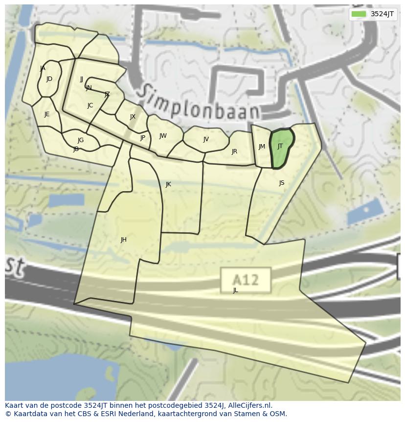 Afbeelding van het postcodegebied 3524 JT op de kaart.