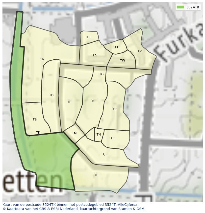 Afbeelding van het postcodegebied 3524 TK op de kaart.