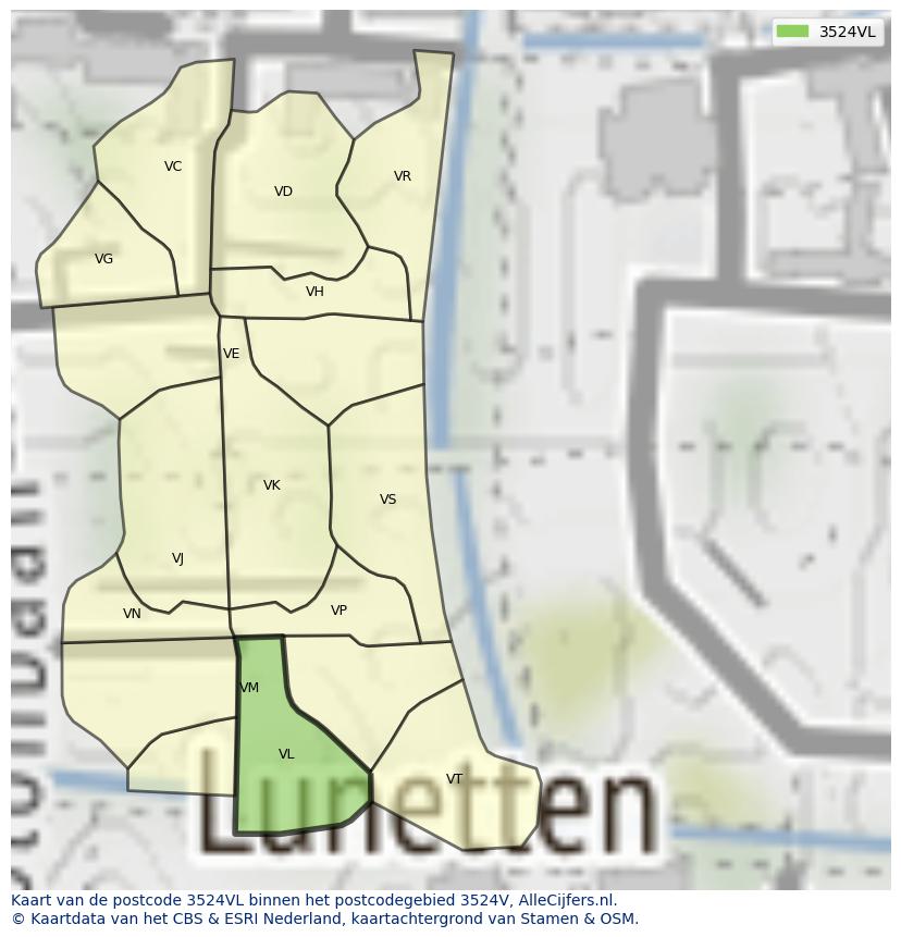 Afbeelding van het postcodegebied 3524 VL op de kaart.
