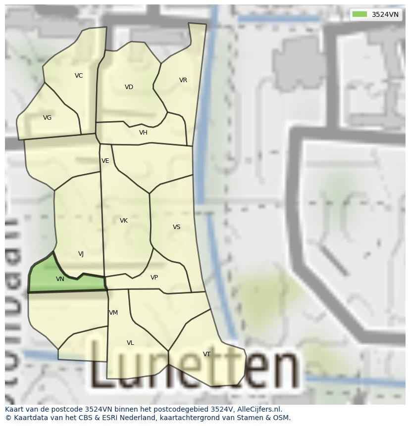 Afbeelding van het postcodegebied 3524 VN op de kaart.