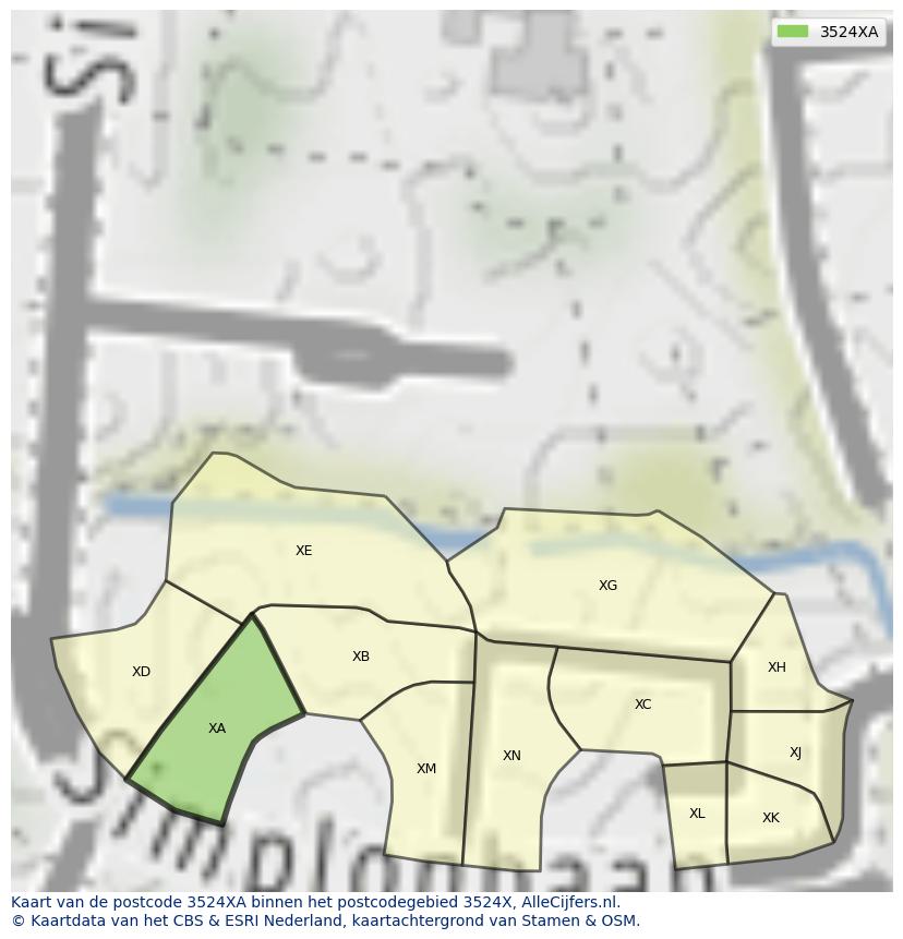Afbeelding van het postcodegebied 3524 XA op de kaart.