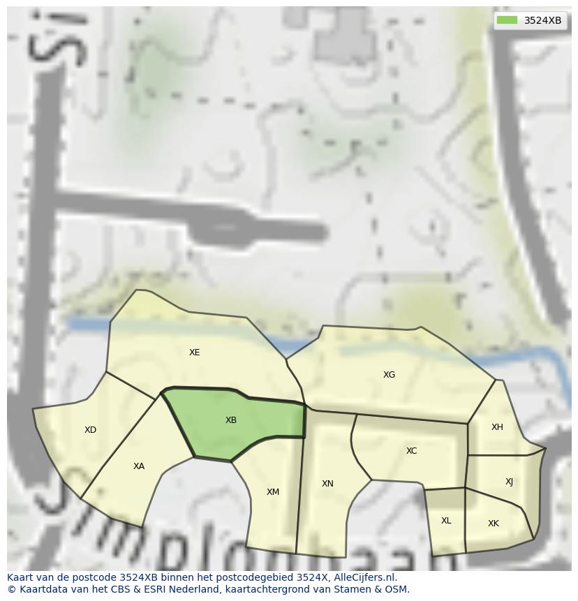 Afbeelding van het postcodegebied 3524 XB op de kaart.