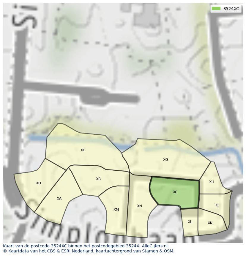 Afbeelding van het postcodegebied 3524 XC op de kaart.