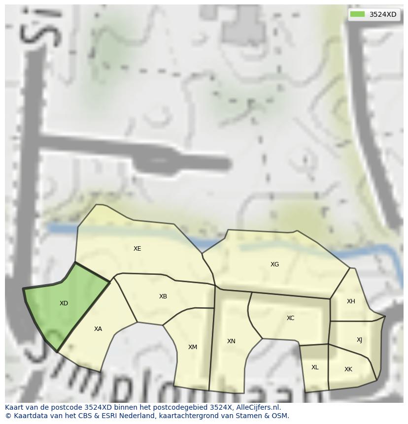 Afbeelding van het postcodegebied 3524 XD op de kaart.