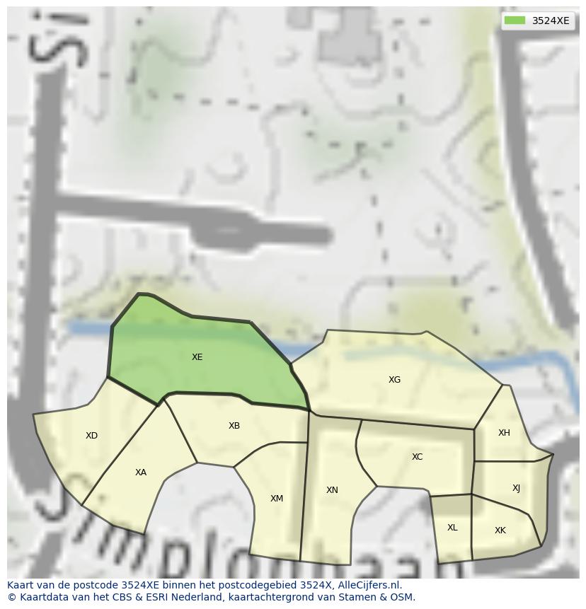 Afbeelding van het postcodegebied 3524 XE op de kaart.