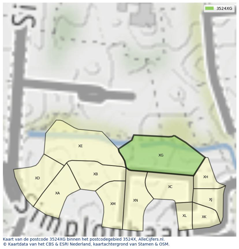 Afbeelding van het postcodegebied 3524 XG op de kaart.