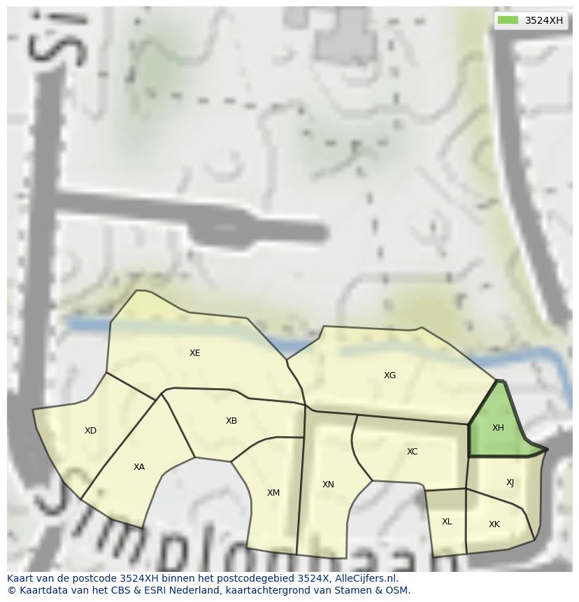 Afbeelding van het postcodegebied 3524 XH op de kaart.