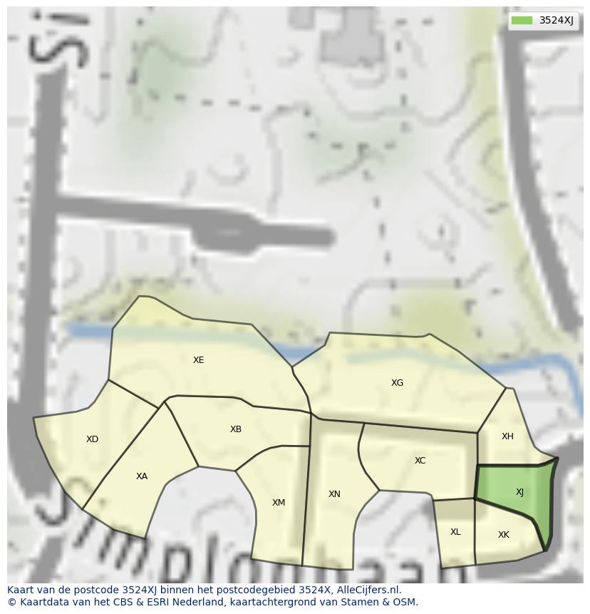 Afbeelding van het postcodegebied 3524 XJ op de kaart.