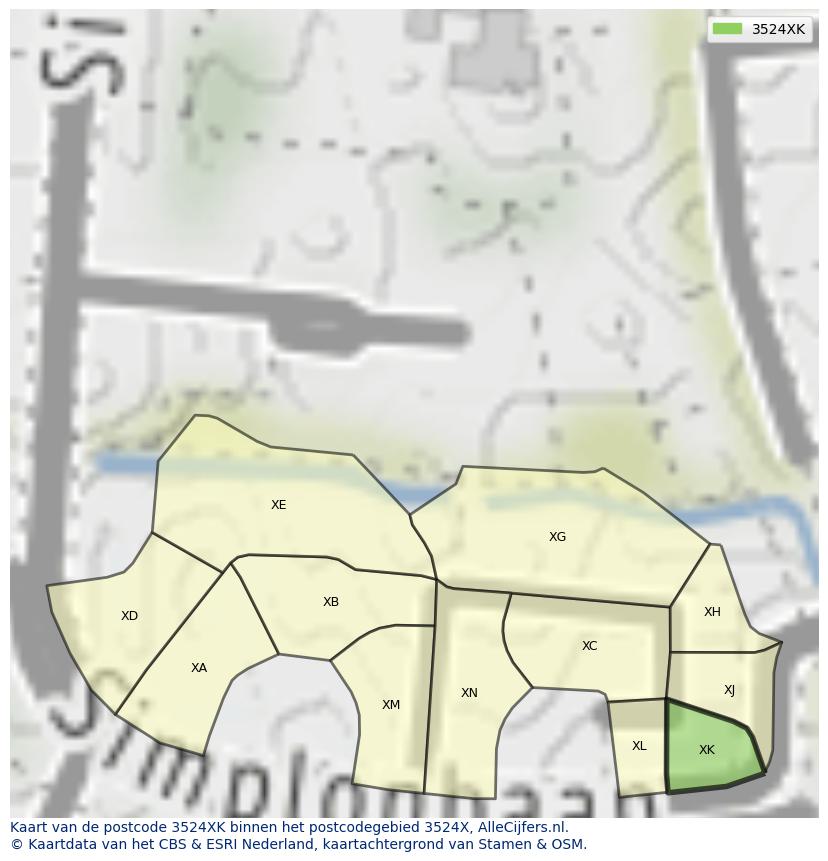 Afbeelding van het postcodegebied 3524 XK op de kaart.