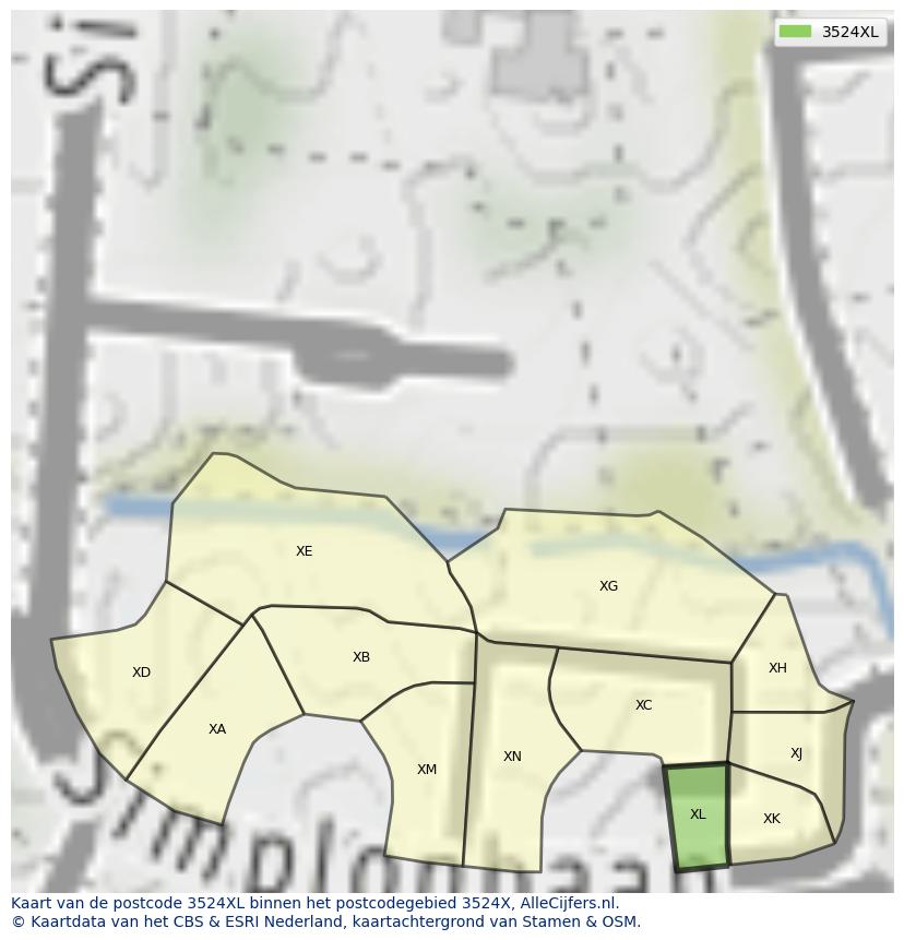 Afbeelding van het postcodegebied 3524 XL op de kaart.